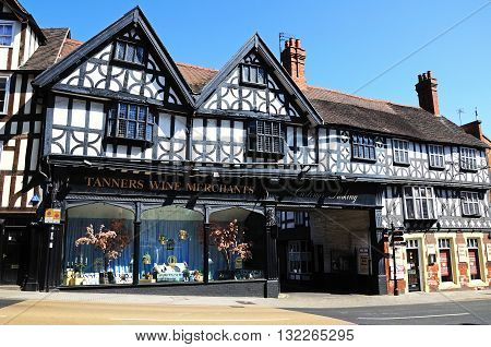 SHREWSBURY, UK - APRIL 22, 2015 - Tanners Wine Merchants timber-framed building Shrewsbury Shropshire England UK Western Europe, April 22, 2015.
