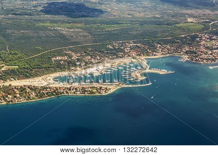 View of village Sukosan and marina Dalmacija Croatia Dalmatia county with islands in the background