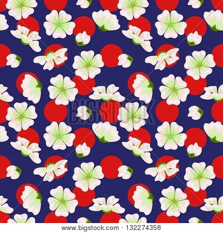 Vector seamless sakura pattern. Realistic floral design in polka dot background for menu invitation greeting cards websites brochures booklets wallpapers in japanese style. Hanami festival spring flowers