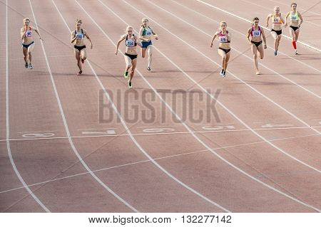 Chelyabinsk Russia - May 24 2016: finish the final sprint of race at 100 meters women during UrFO Championship in athletics