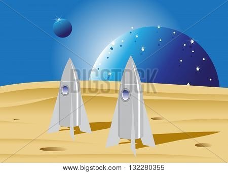 space. Two space rockets in the desert and blue planets