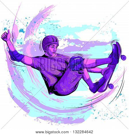 Concept of sportsman doing skateboard stunt. Vector illustration