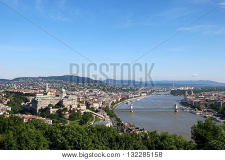 Budapest city view with castle hill chain bridge and Margret bridge over Danube River and Hungarian Parliament Building included