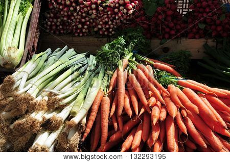 Lyon France - april 13 2016: carrots and leeks at the Saint Antoine quay market