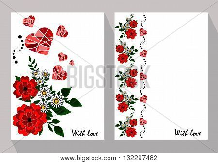 Greeting cards with abstract chamomiles and red flowers in ethnic style for declarations of love a gift for a loved one or a donation for the holiday or other
