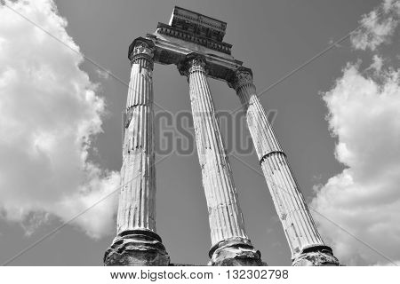 Ruins of the ancient Temple of Castor and Pollux (Dioskouri) in Roman Forum in the center of Rome