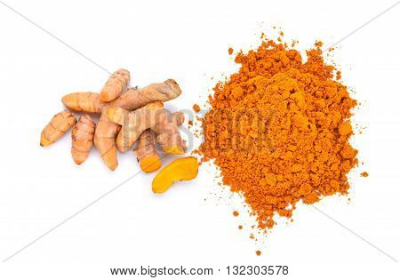 turmeric powder with turmeric root isolated on white