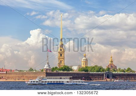 Peter and Paul Fortress sightseeing boat on the Neva river in St. Petersburg Russia