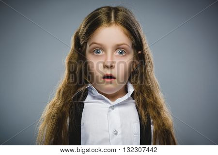Closeup Portrait of wondering girl going surprise on gray background.