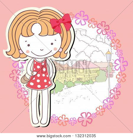 Little girl with flowers vector banner card in city town