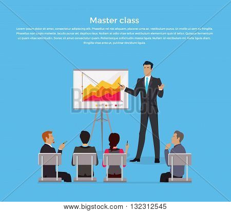 Training staff briefing presentation. Master class, staff meeting, staffing and corporate training, employee training, mentor and people, business seminar, meeting group vector illustration