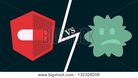 Antibiotics vs bacteria. Vector illustration of pill against infection