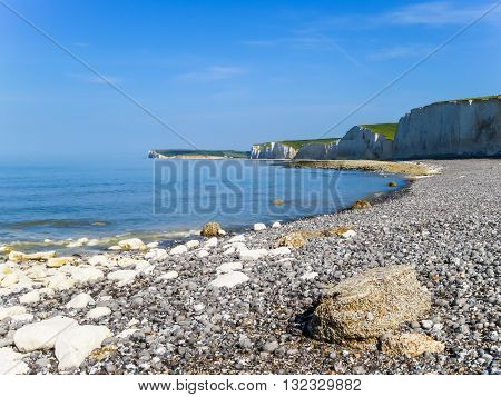 Seven Sisters National Park view of the cliffs and the beach on a low tide. East Sussex, England