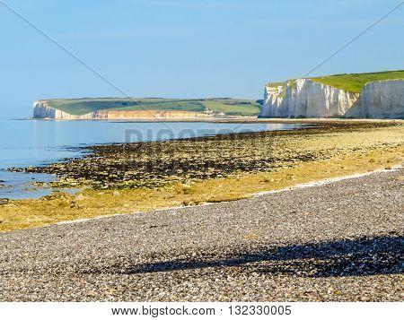 Seven Sisters National Park view of the cliffs and the beach on a low tide. East Sussex, England