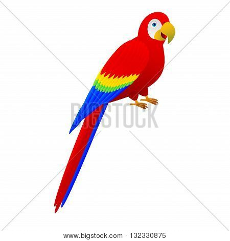 Cute cartoon red parrot. Bird character is smiling.