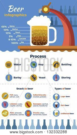 Beer flat infographic with description of structure process types and snacks for beer and beer beverages vector illustration