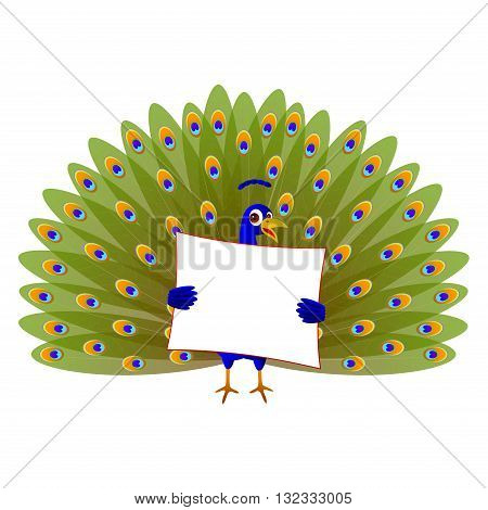 Cartoon animal peacock holding a blank board.