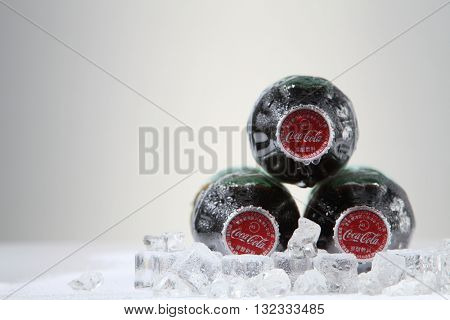 Kuala Lumpur, Malaysia 30th May 2016, Coca-Cola Classic in a glass bottle Isolated on white Background. Coca Cola, Coke is the most popular carbonated soft drink beverages sold around the world