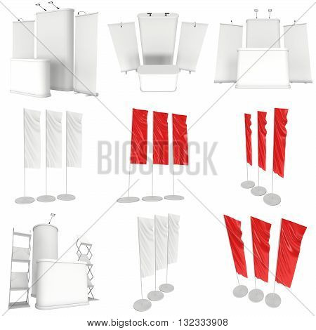 Trade show booth set. Roll-Up Pop-Up and Flag Blank Expo Banner Stand. 3d render isolated on white background. 3d render isolated on white background. Floor Stands Collection. Ad template for your expo design.