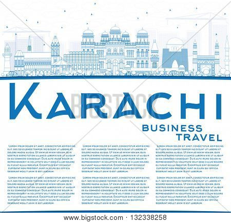 Outline Karachi Skyline with Blue Landmarks and Copy Space. Business Travel and Tourism Concept with Historic Buildings. Image for Presentation Banner Placard and Web Site.