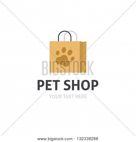 Petshop logo vector isolated on white, flat cartoon bag with pet shop symbol, pet store logotype