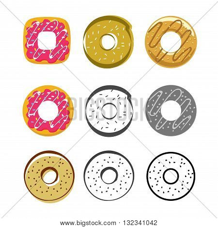 Donuts vector icons set isolated on white background, flat glazed donut, cartoon pink cream donuts, drawing donut, collection of sweet icing donuts