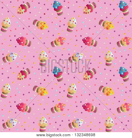 Seamless pattern with a cute appetizing cakes and candies on a pink  background
