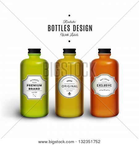 Realistic Colorful Vector Bottles with Vintage Labels. Product Packaging Design. Plastic Container Mock Up.