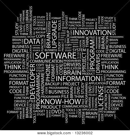SOFTWARE. Word collage on black background. Illustration with different association terms.