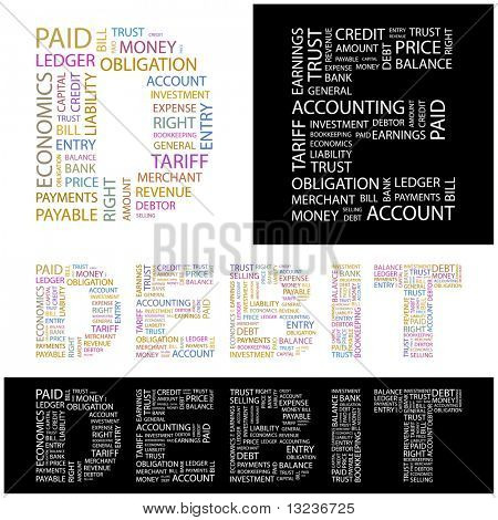 DEBIT. Wort-Collage. Abbildung mit verschiedenen Verband Bedingungen.