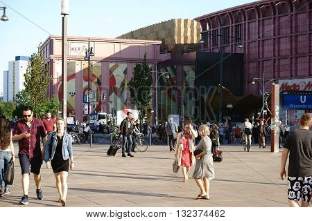 BERLIN, GERMANY - MAY 08: The busy and famous Alexander place with pedestrians and passersby in fine weather on May 08 2015 in Berlin.