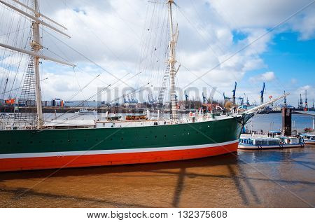 HAMBURG, GERMANY - APRIL 3 : Street view of Cruise ship in the harbor of Hamburg on April 3, 2015, in Hamburg, Germany.
