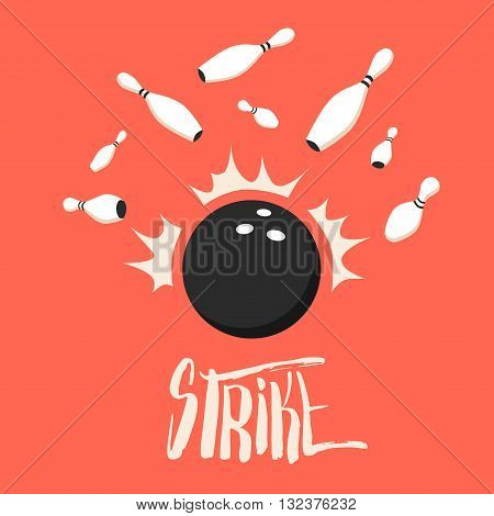 Bowling ball crashing into the pins. Scatter pins. Vector cartoon illustration. Minimalistic design. Bowling ball in motion. Strike