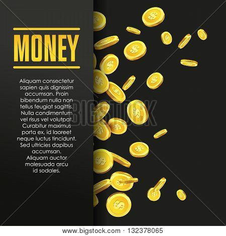 Money poster or banner design template with golden coins and copy space for text. Vector illustration. Money making. Bank deposit. Financials. Gold and black colors. Business finans vector background.