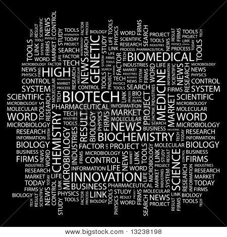 BIOTECH. Word collage op zwarte achtergrond. Illustratie met verschillende vereniging voorwaarden.
