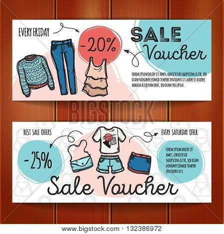 Vector set of discount coupons for woman clothes and accessories. Colorful doodle discount voucher templates. Fashion store promo offer cards.