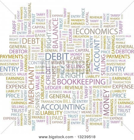DEBIT. Wort-Collage auf weißem Hintergrund. Abbildung mit verschiedenen Verband Bedingungen.