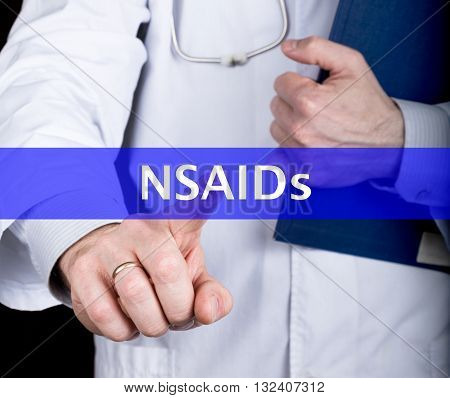 technology, internet and networking in medicine concept - medical doctor presses NSAIDs button on virtual screens. Internet technologies in medicine