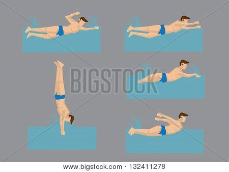 Swimmer swimming freestyle in water front crawl breaststroke butterfly stroke and diving. Vector illustration of male characters isolated on grey background.