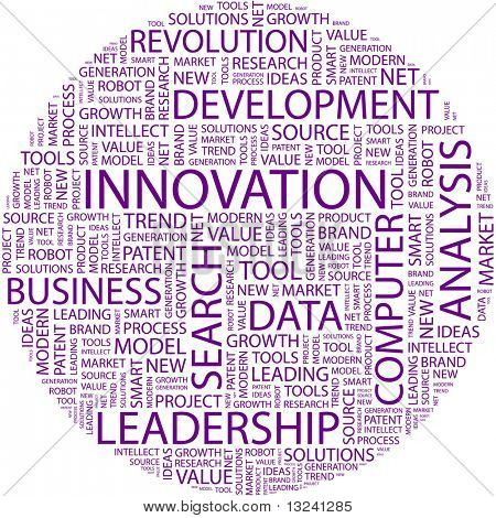 INNOVATION. Mot collage sur fond blanc. Illustration à l'aide de termes de liaison différents.