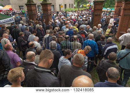 Piekary Slaskie Poland May 29 2016 .: The annual gala men and youths Pilgrimage to Our Lady of Piekary Slaskie. Men at a ceremony at the Calvary hill.
