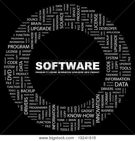 SOFTWARE. Word collage on black background. Illustration with different association terms.