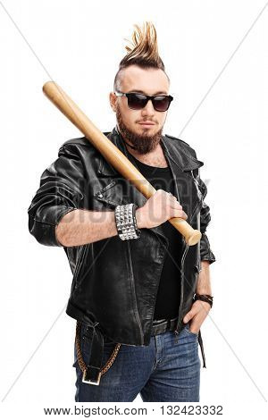 Vertical shot of a punk with Mohawk hairstyle holding a baseball bat isolated on white background