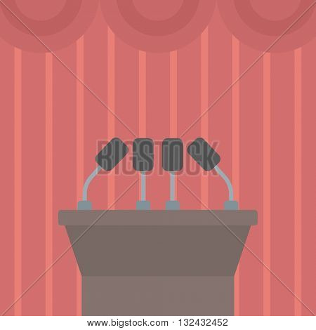 Background of tribune speech with microphones vector flat design illustration. Square layout.