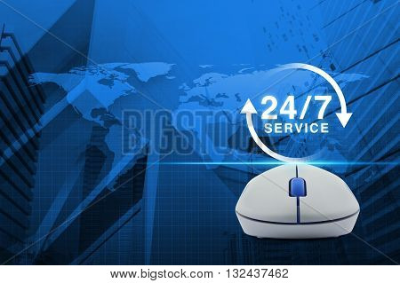 Wireless computer mouse with button 24 hours service icon over map and city tower background Full time service concept Elements of this image furnished by NASA