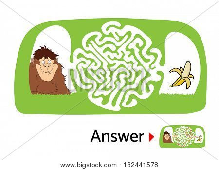Maze puzzle for kids with monkey and banana. Labyrinth illustration, solution included.