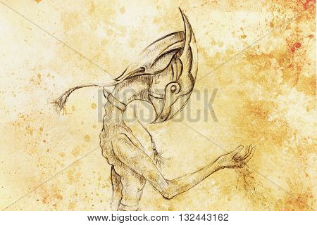 allien hold sand, original drawing on paper. transience and time concept