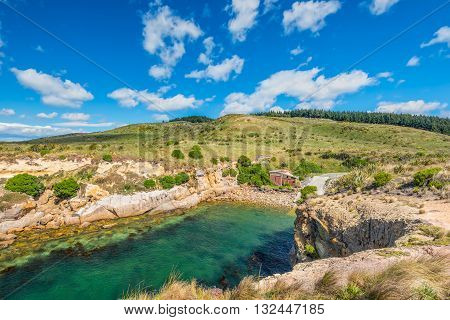 New Zealand colorful coastline landscape with little bay for boats and fur seals at Otago Region Southern island New Zealand - circular polarizing filter