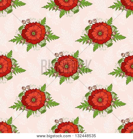 Seamless pattern in boho style with poppies. Hand drawn floral elements. Summer time. Floral bright pattern for textile packaging greeting cards invitations wedding decoration. Bohemian collection