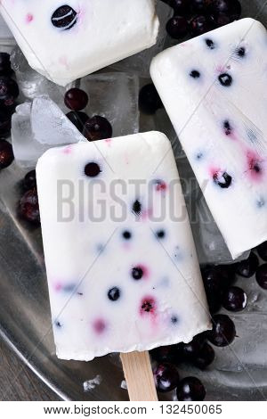 Homemade popsicles from yogurt blueberry and blackcurrant close up view